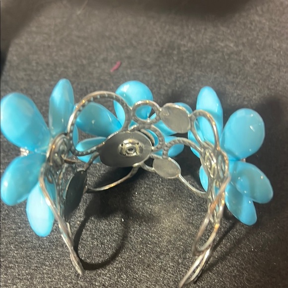 Blue Floral Earrings with Silver Accents and Rhinestones - Picture 5 of 5